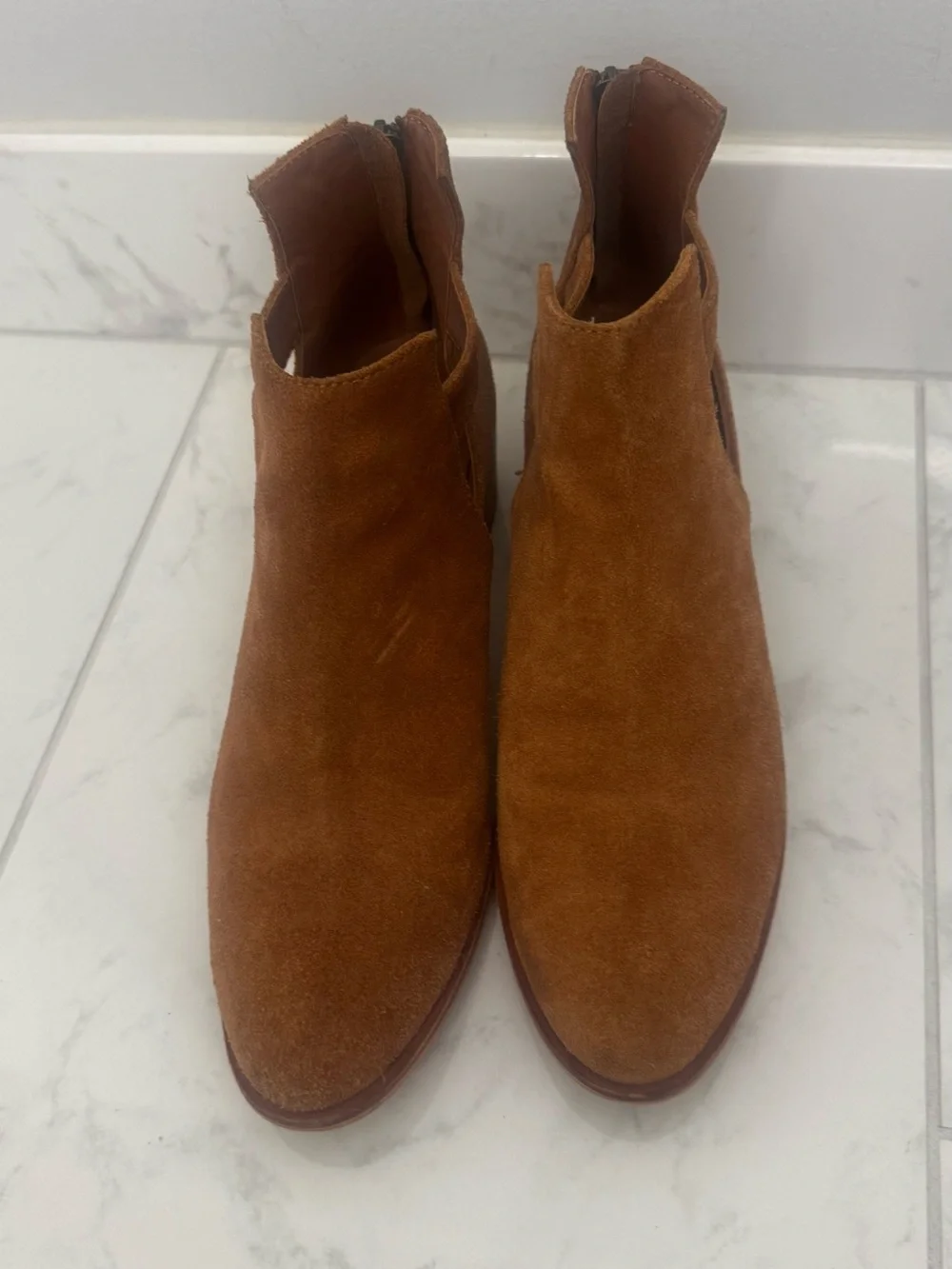 Women's Suede Side-Zip Ankle Booties in Cognac Brown